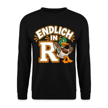 Endlich In R-ENTE Lustiger Rente / Rentner Spruch  - Unisex Pullover - Schwarz - Vorne - Alina (178cm) & Michal (187cm)