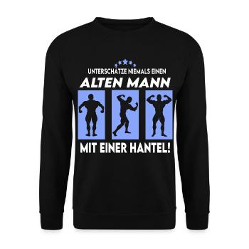 Alter Mann mit Hantel Bodybuilding Bodybuilder Fun - Unisex Pullover - Schwarz - Vorne - Alina (178cm) & Michal (187cm)