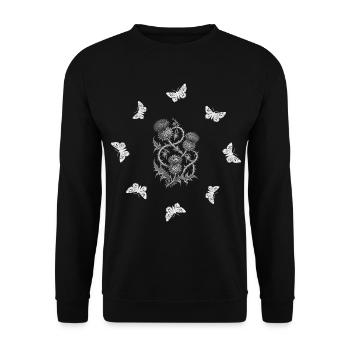 Distel & Schmetterling - Botanische Kunst - Unisex Pullover - Schwarz - Vorne - Alina (178cm) & Michal (187cm)