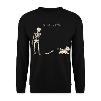 Halloween Skelett mit Hund – Schwarzer Humor - Unisex Pullover - Schwarz - Vorne - Alina (178cm) & Michal (187cm)