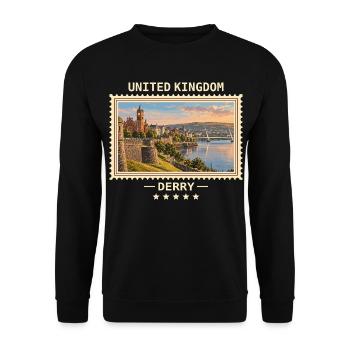 Großbritannien Derry Vintage Reisemarke - Unisex Pullover - Schwarz - Vorne - Alina (178cm) & Michal (187cm)