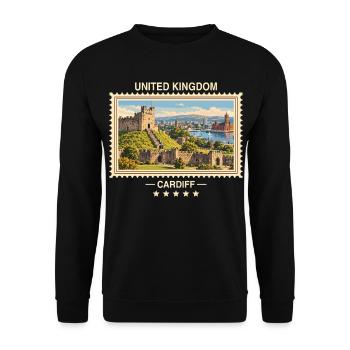 Großbritannien Cardiff Vintage Reisemarke - Unisex Pullover - Schwarz - Vorne - Alina (178cm) & Michal (187cm)