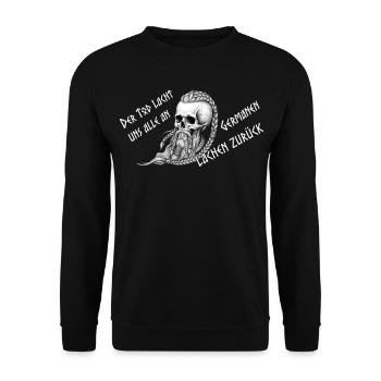 WikingerTotenkopf mit Zöpfen und Schrift - Unisex Pullover - Schwarz - Vorne - Alina (178cm) & Michal (187cm)