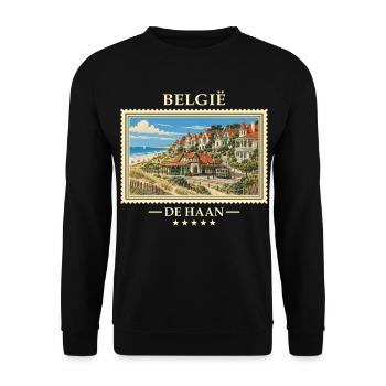 Belgien De Haan Vintage Reisemarke - Unisex Pullover - Schwarz - Vorne - Alina (178cm) & Michal (187cm)