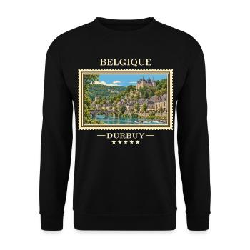 Belgien Durbuy Vintage Reisemarke - Unisex Pullover - Schwarz - Vorne - Alina (178cm) & Michal (187cm)
