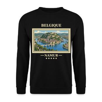 Belgien Namur Vintage Reisemarke - Unisex Pullover - Schwarz - Vorne - Alina (178cm) & Michal (187cm)