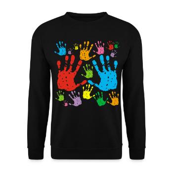 Mehrfarbige Handabdrücke - Unisex Pullover - Schwarz - Vorne - Alina (178cm) & Michal (187cm)