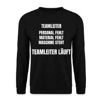 Teamleiter Produktion – Teamleiter läuft. - Unisex Pullover - Schwarz - Vorne - Alina (178cm) & Michal (187cm)