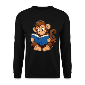 Süßer Affe beim Lesen – Bücherwurm - Unisex Pullover - Schwarz - Vorne - Alina (178cm) & Michal (187cm)
