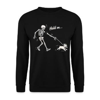 Skelett spaziert mit French Bulldog dunkler Humor - Unisex Pullover - Schwarz - Vorne - Alina (178cm) & Michal (187cm)