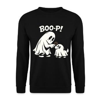 Boo-P - Süßer Halloween Geist mit Hund - Unisex Pullover - Schwarz - Vorne - Alina (178cm) & Michal (187cm)