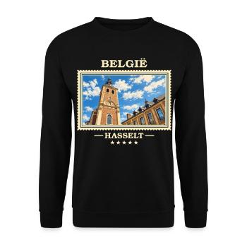 Belgien Hasselt Vintage Reisemarke - Unisex Pullover - Schwarz - Vorne - Alina (178cm) & Michal (187cm)