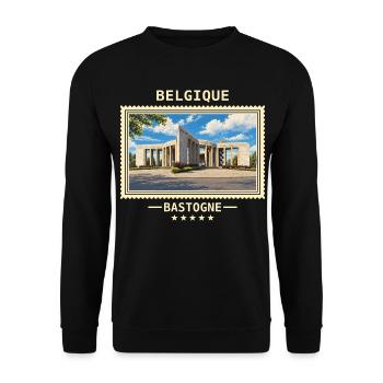 Belgien Bastogne Vintage Reisemarke - Unisex Pullover - Schwarz - Vorne - Alina (178cm) & Michal (187cm)