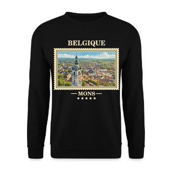 Belgien Mons Vintage Reisemarke - Unisex Pullover - Schwarz - Vorne - Alina (178cm) & Michal (187cm)