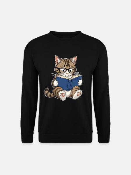 Lesende Katze mit Brille – Bücherwurm - Unisex Pullover - Schwarz