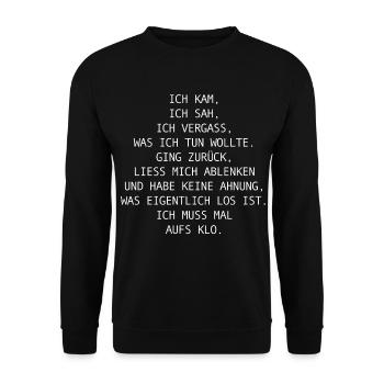 Ich kam, ich sah, ich vergaß – Lustiger Spruch - Unisex Pullover - Schwarz - Vorne - Alina (178cm) & Michal (187cm)