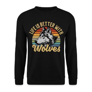 Life Is Better With Wolves Retro Vintage Wolf - Unisex Pullover - Schwarz - Vorne - Alina (178cm) & Michal (187cm)