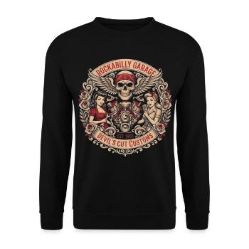 Rockabilly Skull Garage Roses - Unisex Pullover - Schwarz - Vorne - Alina (178cm) & Michal (187cm)