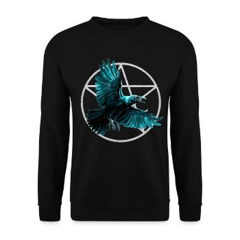 Teal Rabe im Geometriekreis - Unisex Pullover - Schwarz - Vorne - Alina (178cm) & Michal (187cm)