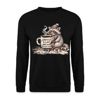 Raccoon Kaffee Morgenstimmung - Unisex Pullover - Schwarz - Vorne - Alina (178cm) & Michal (187cm)