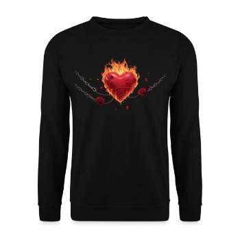Flammendes Herz mit Ketten und Rosen - Unisex Pullover - Schwarz - Vorne - Alina (178cm) & Michal (187cm)
