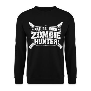 Natural Born Zombie Hunter Halloween Spruch - Unisex Pullover - Schwarz - Vorne - Alina (178cm) & Michal (187cm)