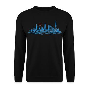 Hamburg Skyline – Moderne One Line Art Herz - Unisex Pullover - Schwarz - Vorne - Alina (178cm) & Michal (187cm)