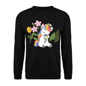 Sitzendes Einhorn mit Gänseblümchen · Natur - Unisex Pullover - Schwarz - Vorne - Alina (178cm) & Michal (187cm)