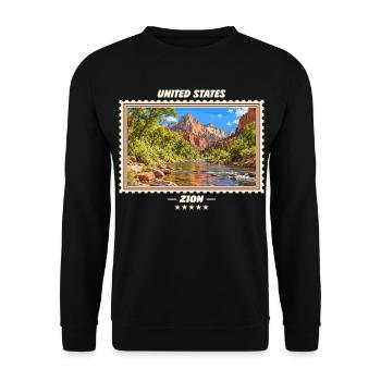 Vereinigte Staaten Zion Vintage Reisemarke - Unisex Pullover - Schwarz - Vorne - Alina (178cm) & Michal (187cm)