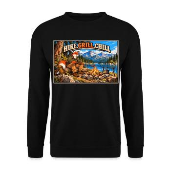 Wandern, grillen, entspannen – Campfire Fox - Unisex Pullover - Schwarz - Vorne - Alina (178cm) & Michal (187cm)