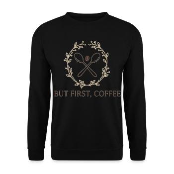 Zuerst Kaffee Emblem - Unisex Pullover - Schwarz - Vorne - Alina (178cm) & Michal (187cm)
