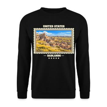 Vereinigte Staaten Badlands Vintage Reisemarke - Unisex Pullover - Schwarz - Vorne - Alina (178cm) & Michal (187cm)