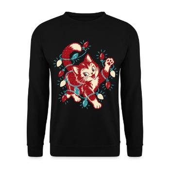 Weihnachtskatze Lichterkette Süßes Kätzchen Retro - Unisex Pullover - Schwarz - Vorne - Alina (178cm) & Michal (187cm)