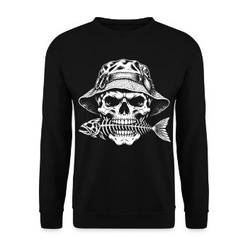 Angler Skull mit Fischskelett - Unisex Pullover - Schwarz - Vorne - Alina (178cm) & Michal (187cm)