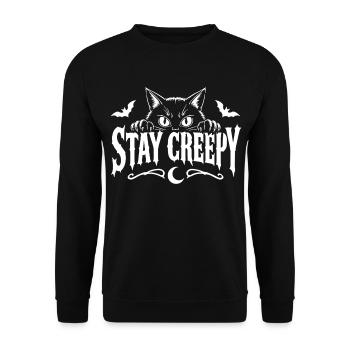 Stay Creepy Katze Halloween Spruch - Unisex Pullover - Schwarz - Vorne - Alina (178cm) & Michal (187cm)