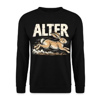Alter Hase – Retro Hasen Spruch - Unisex Pullover - Schwarz - Vorne - Alina (178cm) & Michal (187cm)