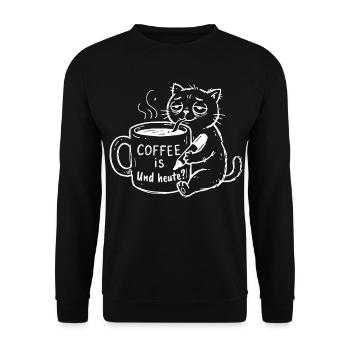 Kaffeekatze Doodle – Kaffee heute - Unisex Pullover - Schwarz - Vorne - Alina (178cm) & Michal (187cm)
