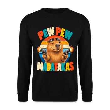 Pew Pew Capybara Retro Humor - Unisex Pullover - Schwarz - Vorne - Alina (178cm) & Michal (187cm)