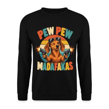 Pew Pew Dackel Retro Humor - Unisex Pullover - Schwarz - Vorne - Alina (178cm) & Michal (187cm)
