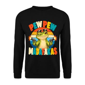 Pew Pew Frosch Retro Humor - Unisex Pullover - Schwarz - Vorne - Alina (178cm) & Michal (187cm)