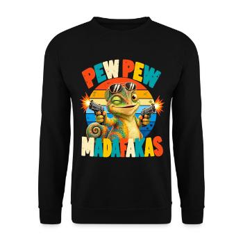 Pew Pew Chamäleon Retro Humor - Unisex Pullover - Schwarz - Vorne - Alina (178cm) & Michal (187cm)