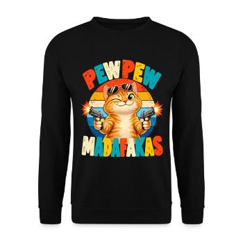 Pew Pew Katze Retro Humor - Unisex Pullover - Schwarz - Vorne - Alina (178cm) & Michal (187cm)