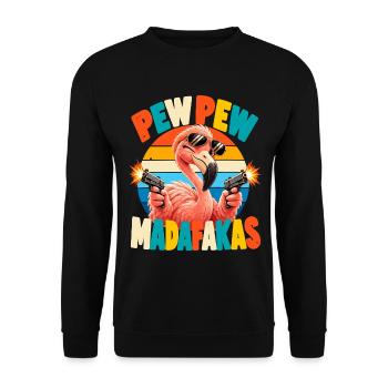 Pew Pew Flamingo Retro Humor - Unisex Pullover - Schwarz - Vorne - Alina (178cm) & Michal (187cm)