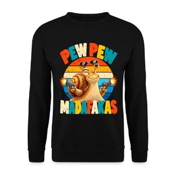 Pew Pew Schnecke Retro Humor - Unisex Pullover - Schwarz - Vorne - Alina (178cm) & Michal (187cm)