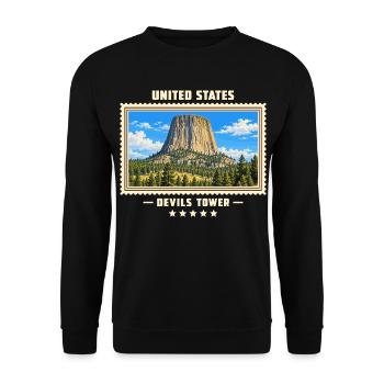 Vereinigte Staaten Devils Tower Vintage Reisemarke - Unisex Pullover - Schwarz - Vorne - Alina (178cm) & Michal (187cm)