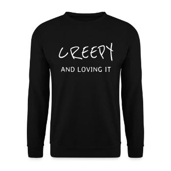 Fettgedruckter, handgeschriebener, gruseliger Slogan auf schwarzem T-Shirt - Unisex Pullover - Schwarz - Vorne - Alina (178cm) & Michal (187cm)