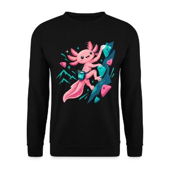 Süßes Axolotl beim Bouldern Motiv - Unisex Pullover - Schwarz - Vorne - Alina (178cm) & Michal (187cm)