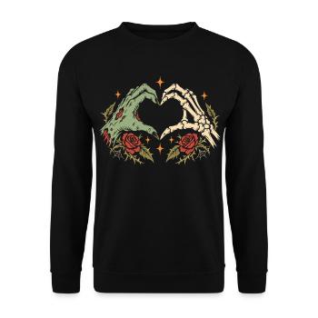 Halloween Herz Liebe - Zombie & Skelett  - Unisex Pullover - Schwarz - Vorne - Alina (178cm) & Michal (187cm)
