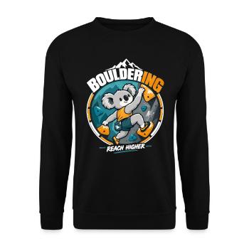 Bouldern Koala: Süßer Kletterer – Reach Higher - Unisex Pullover - Schwarz - Vorne - Alina (178cm) & Michal (187cm)