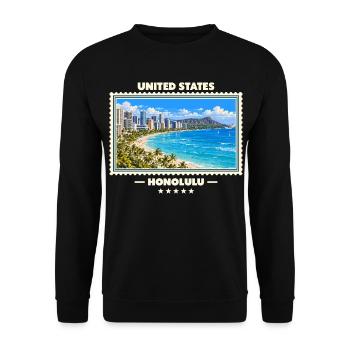Vereinigte Staaten Honolulu Vintage Reisemarke - Unisex Pullover - Schwarz - Vorne - Alina (178cm) & Michal (187cm)